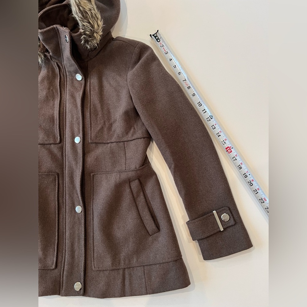 Kenneth Cole Wool Blend Pea Coat Faux Fur Lined Detachable Hood Button Zipper - Picture 10 of 15